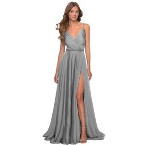 La Femme Pleated V-Neck Chiffon High Slit Dress Gray Size 6 NWOT $318 MSRP